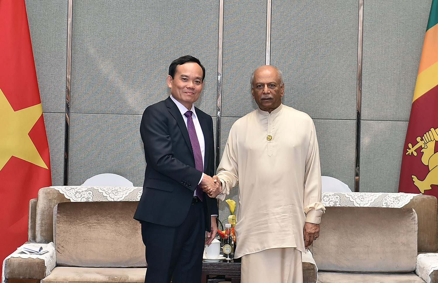 Phó Thủ tướng Chính phủ Trần Lưu Quang gặp Thủ tướng Sri Lanka Dinesh Gunawardena. Ảnh: BNG