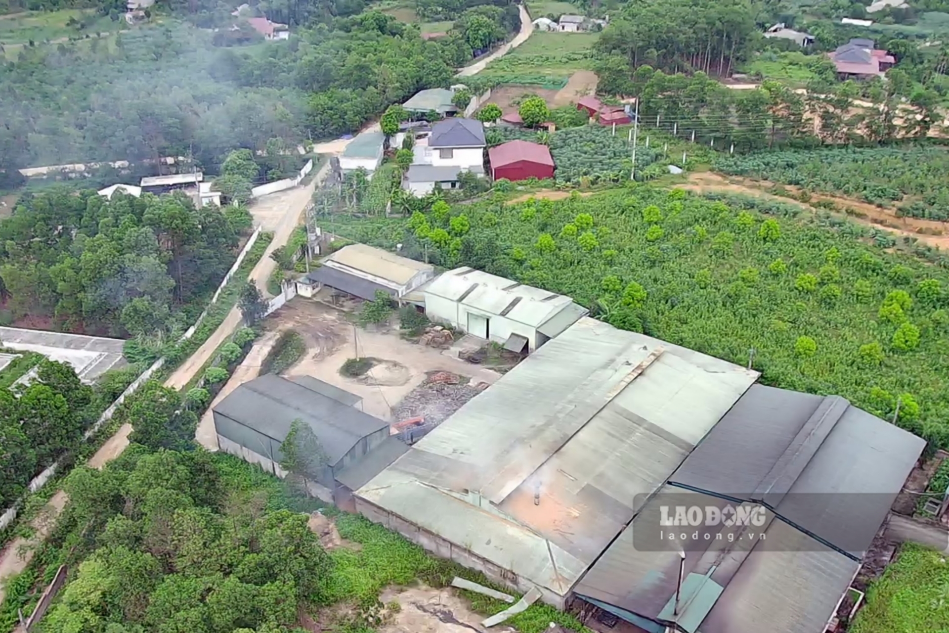 Công ty sản xuất than sinh học xuất khẩu tại khu Suông 2, xã Hương Lung xả khói trắng màu khét khiến các khu dân cư bị ảnh hưởng. Ảnh: Tô Công.