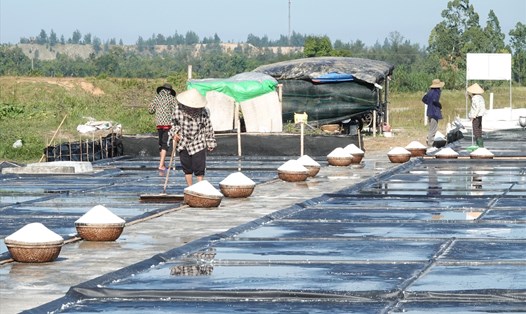 Người dân sản xuất muối sạch trên ô kết tinh trải bạt ở xã Đỉnh Bàn (Thạch Hà, Hà Tĩnh). Ảnh: Trần Tuấn
