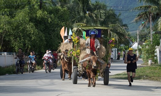 Hàng trăm người dân kéo nhau về xã Ninh Hưng xem và cổ vũ cuộc thi đua xe bò lần đầu tiên được tổ chức. Ảnh: Hữu Long