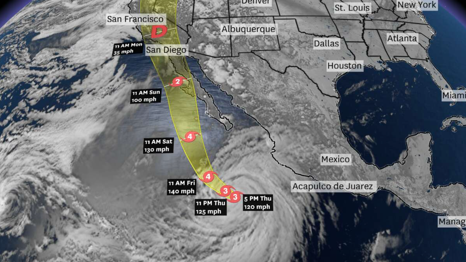 Bão Hillary dự kiến là cơn bão đầu tiên đổ bộ California trong 84 năm. Ảnh: NOAA