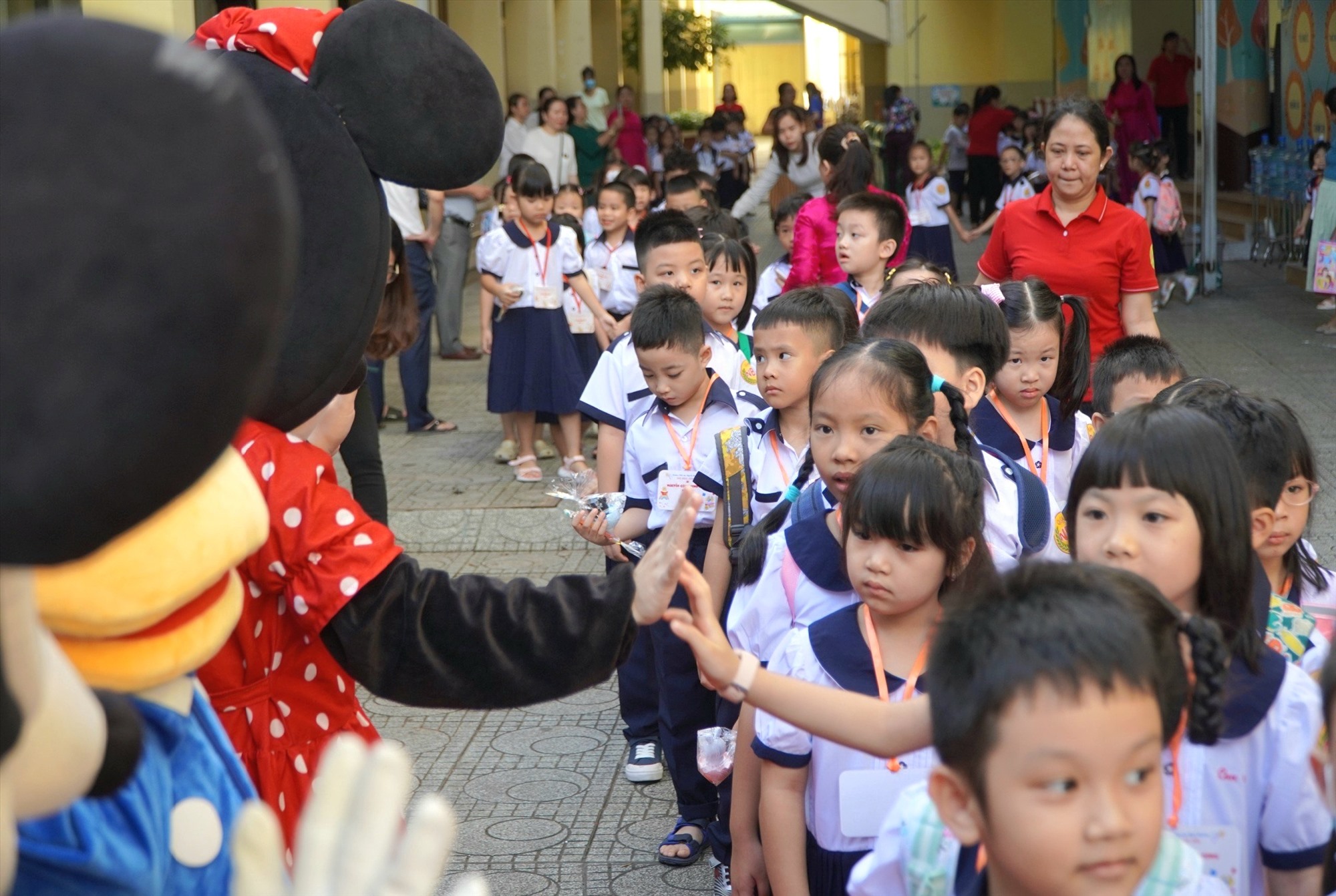 Bà Đỗ Ngọc Chi - Hiệu trưởng Trường tiểu học Nguyễn Bỉnh Khiêm - cho biết, năm học 2023-2024 trường đón đón 288 học sinh lớp 1, chia thành 9 lớp. Trong tuần này, các em đến trường vào buổi sáng để làm quen khuôn viên trường lớp, thầy cô, bạn bè, tạo nề nếp học tập, sinh hoạt. 