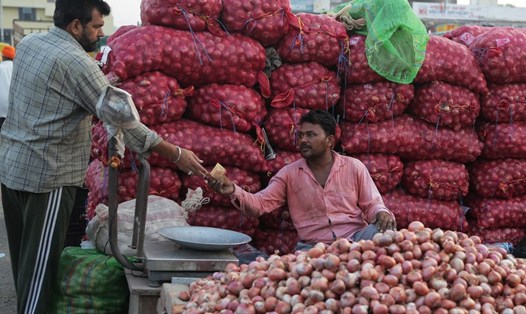 Bán hành tại một khu chợ ở bang Punjab, Ấn Độ. Ảnh: Xinhua