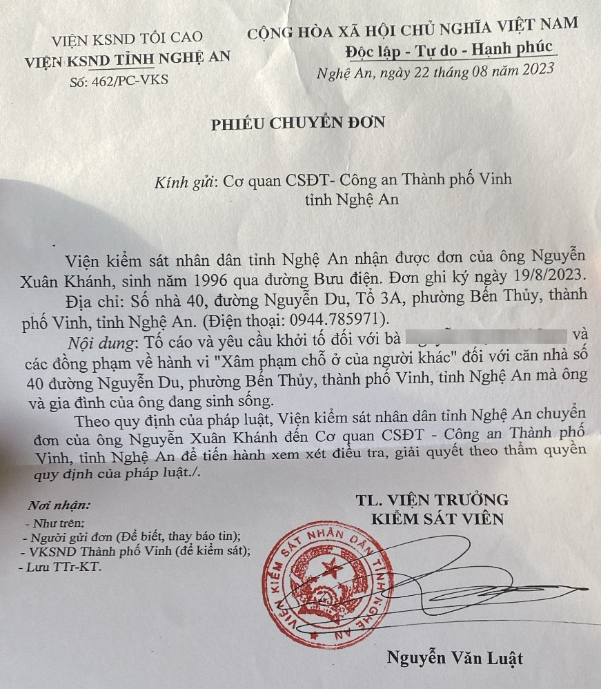 Công văn chuyển đơn của Viện Kiểm sát nhân dân tỉnh Nghệ An. Ảnh: Quang Đại