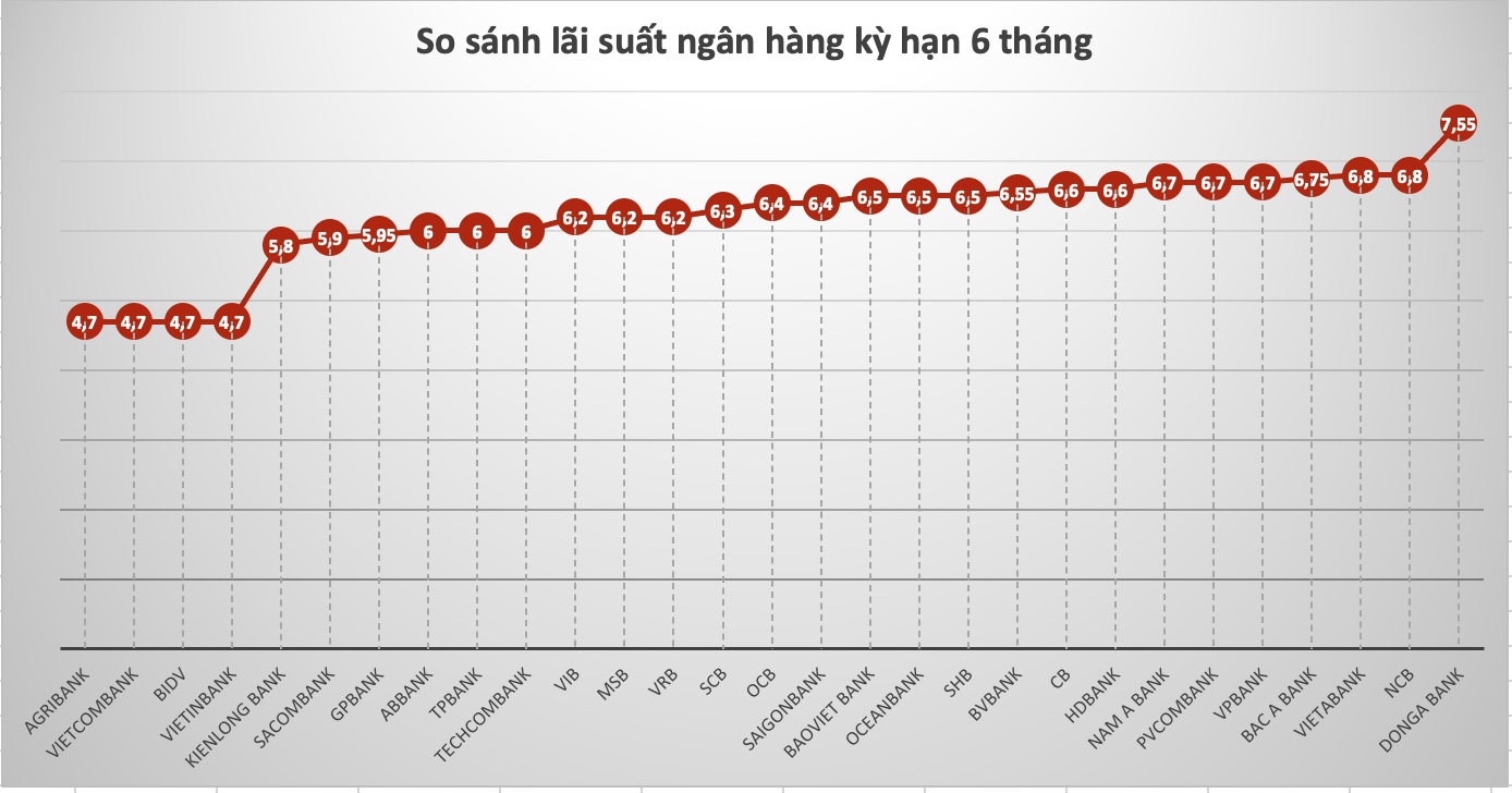 So sánh lãi suất ngân hàng cao nhất ở kỳ hạn 6 tháng. Đồ hoạ Trà My