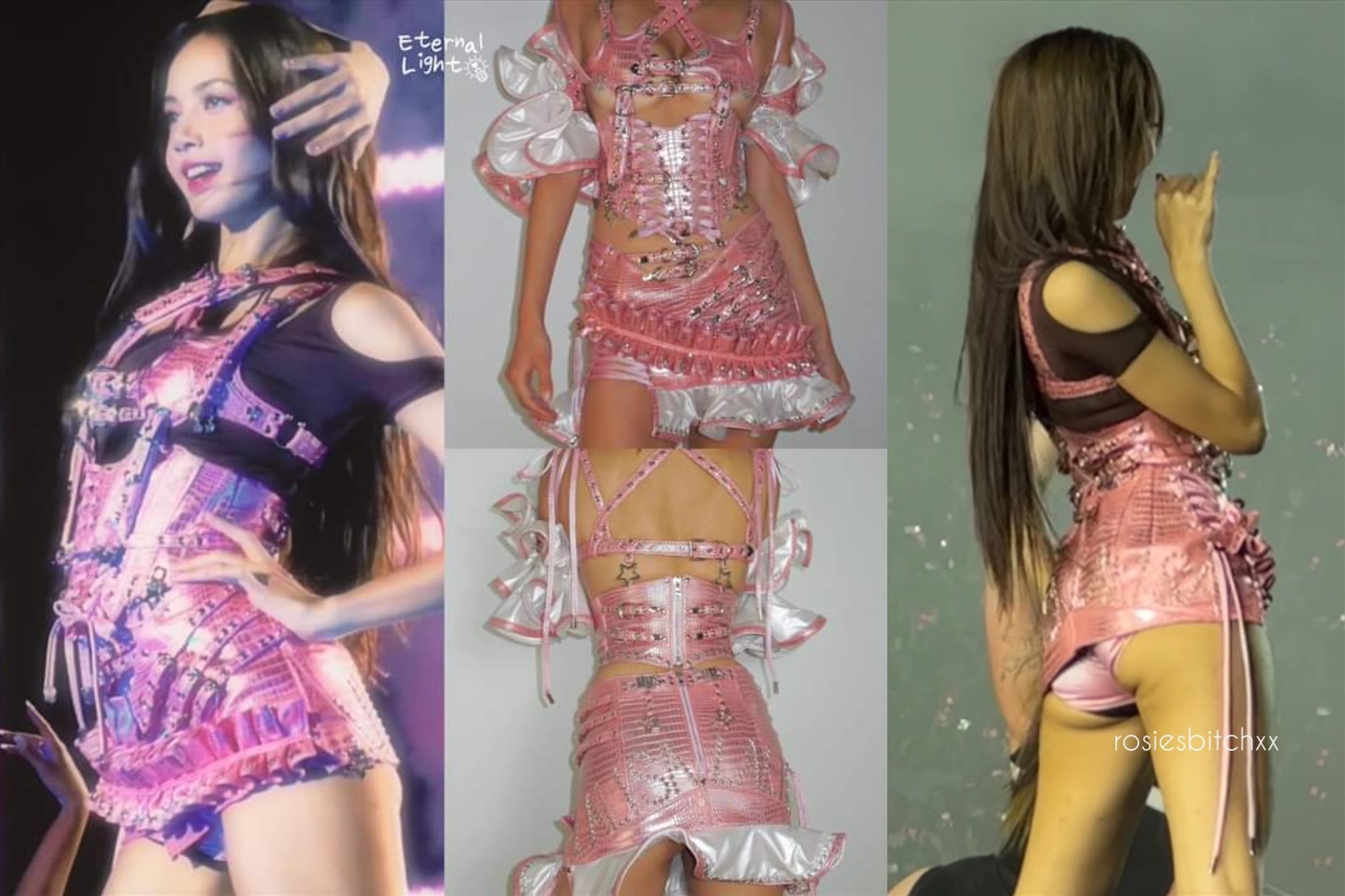 Stylist của Blackpink đã cắt ngắn váy của Lisa so với thiết kế gốc (giữa). Ảnh: Twitter