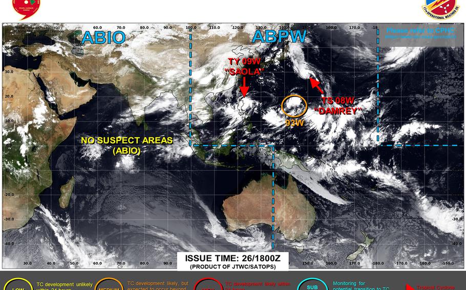 Saola mạnh lên thành bão cấp 4; bão nhiệt đới Damrey dự báo tiếp tục di chuyển ngoài khơi Nhật Bản; vùng nhiễu động 93W Invest có thể đe dọa Nhật Bản. Ảnh: Trung tâm cảnh báo bão chung