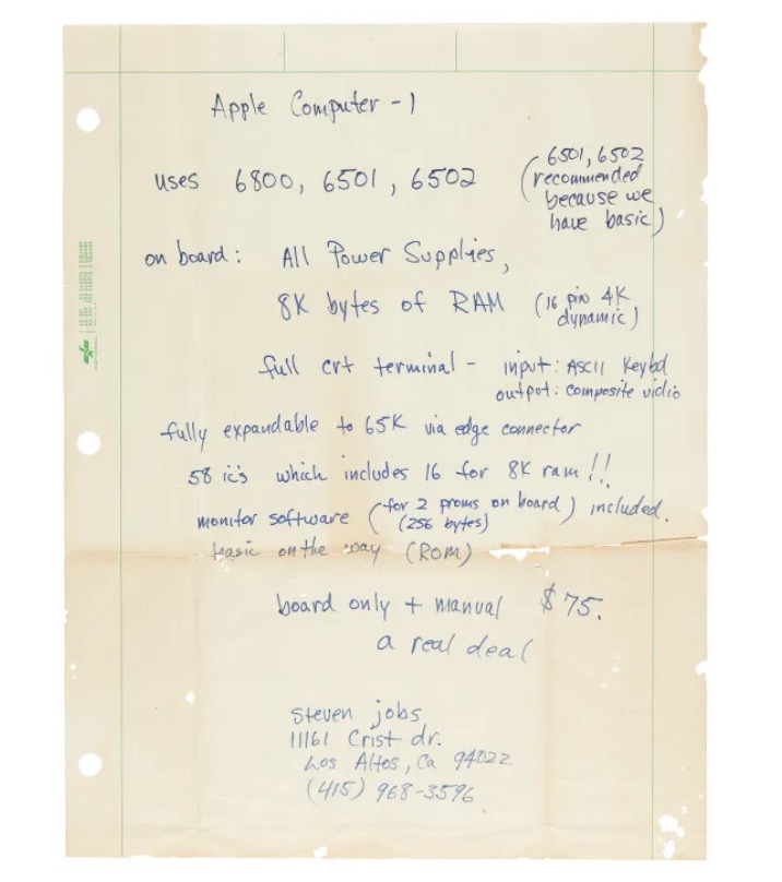 Mảnh giấy ghi nội dung quảng cáo do chính tay Steve Jobs viết. Ảnh: RR Auctions