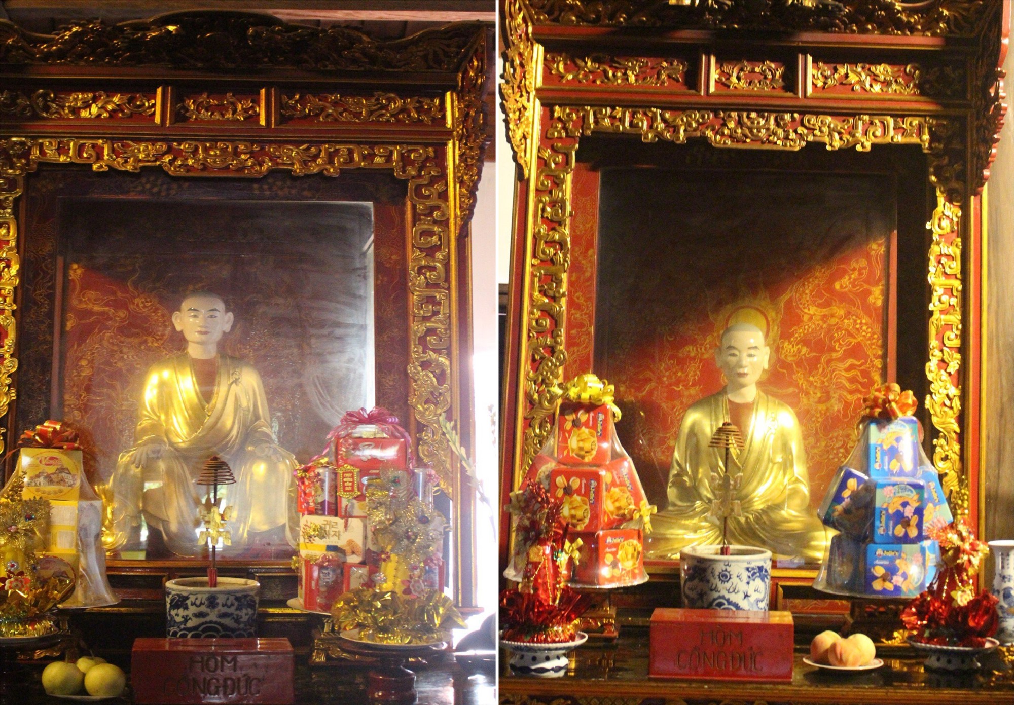 Tượng Pháp Loa - Đệ Nhị Tổ Trúc lâm (bên trái) và tượng Huyền Quang - Đệ Tam Tổ Trúc lâm (bên phải) được thờ tại chùa Phổ Minh