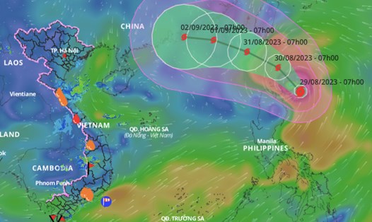 Cập nhật vị trí và đường đi của bão Saola vào 14 giờ ngày 29.8. Ảnh: VNDMS