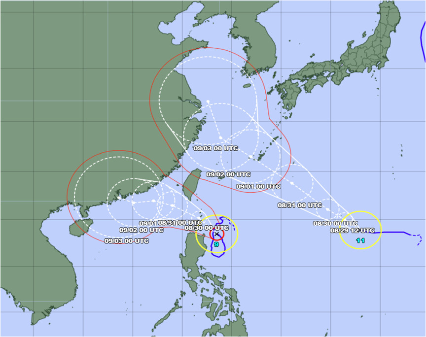Đường đi của bão Saola và bão Haikui lúc 7h ngày 29.8. Ảnh: 