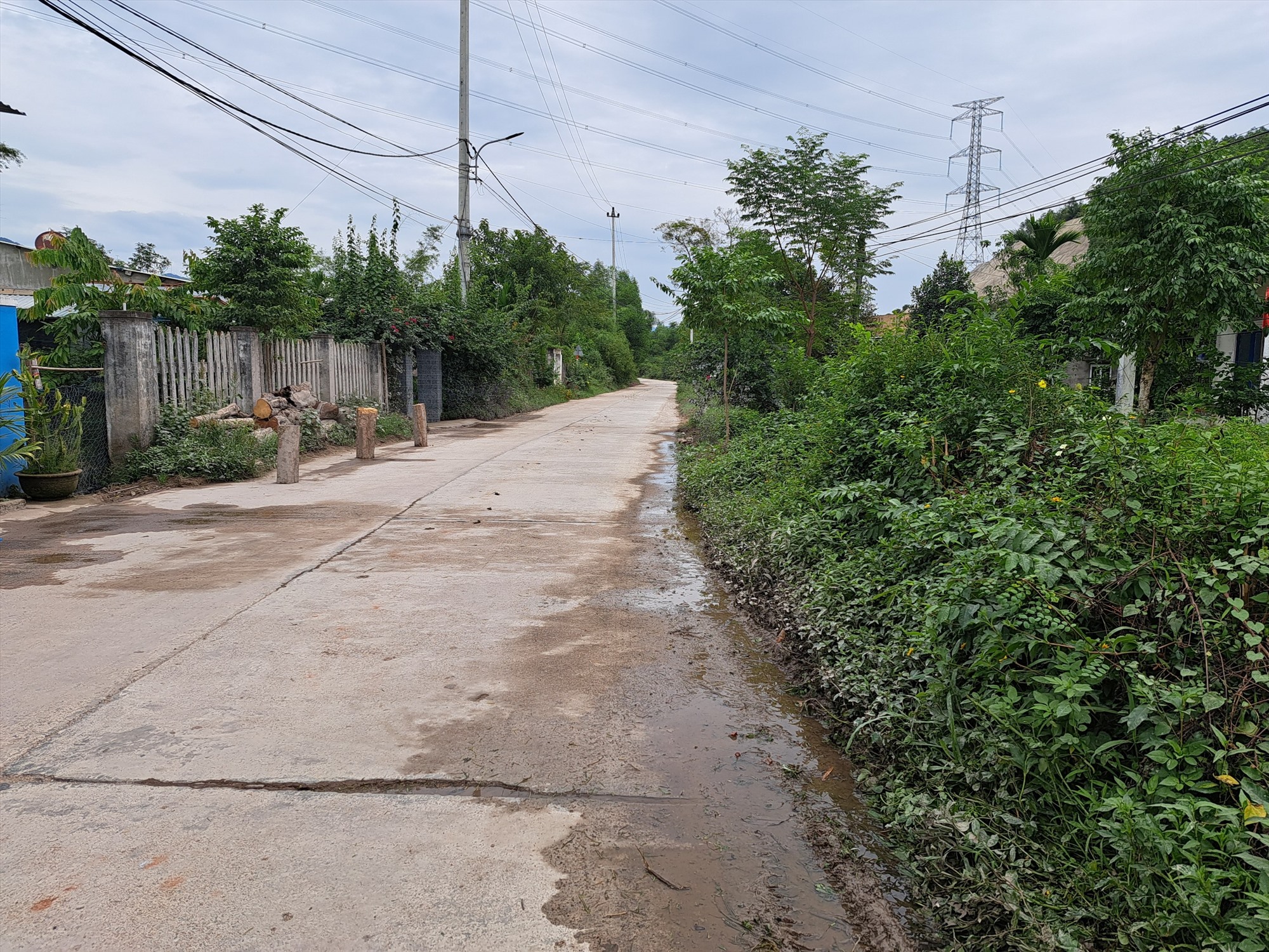 Đường thôn Hòa Thọ vươn vãi bùn đất sau mưa. Ảnh: Nguyễn Linh