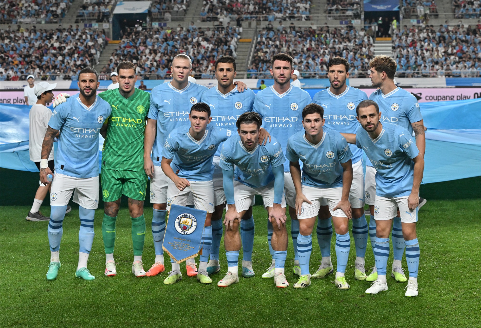 Đội hình xuất phát của Man City trong trận giao hữu với Atletico Madrid. Ảnh: AFP