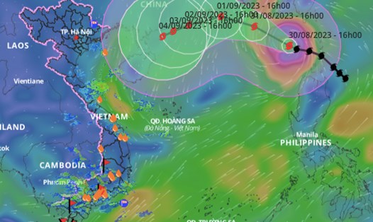Cập nhật vị trí và đường đi của bão số 3 Saola vào chiều 30.8. Ảnh: VNDMS. 