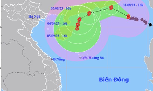 Vị trí và đường đi của bão Saola lúc 16 giờ ngày 31.8. Ảnh: TTDBKTTVQG. 