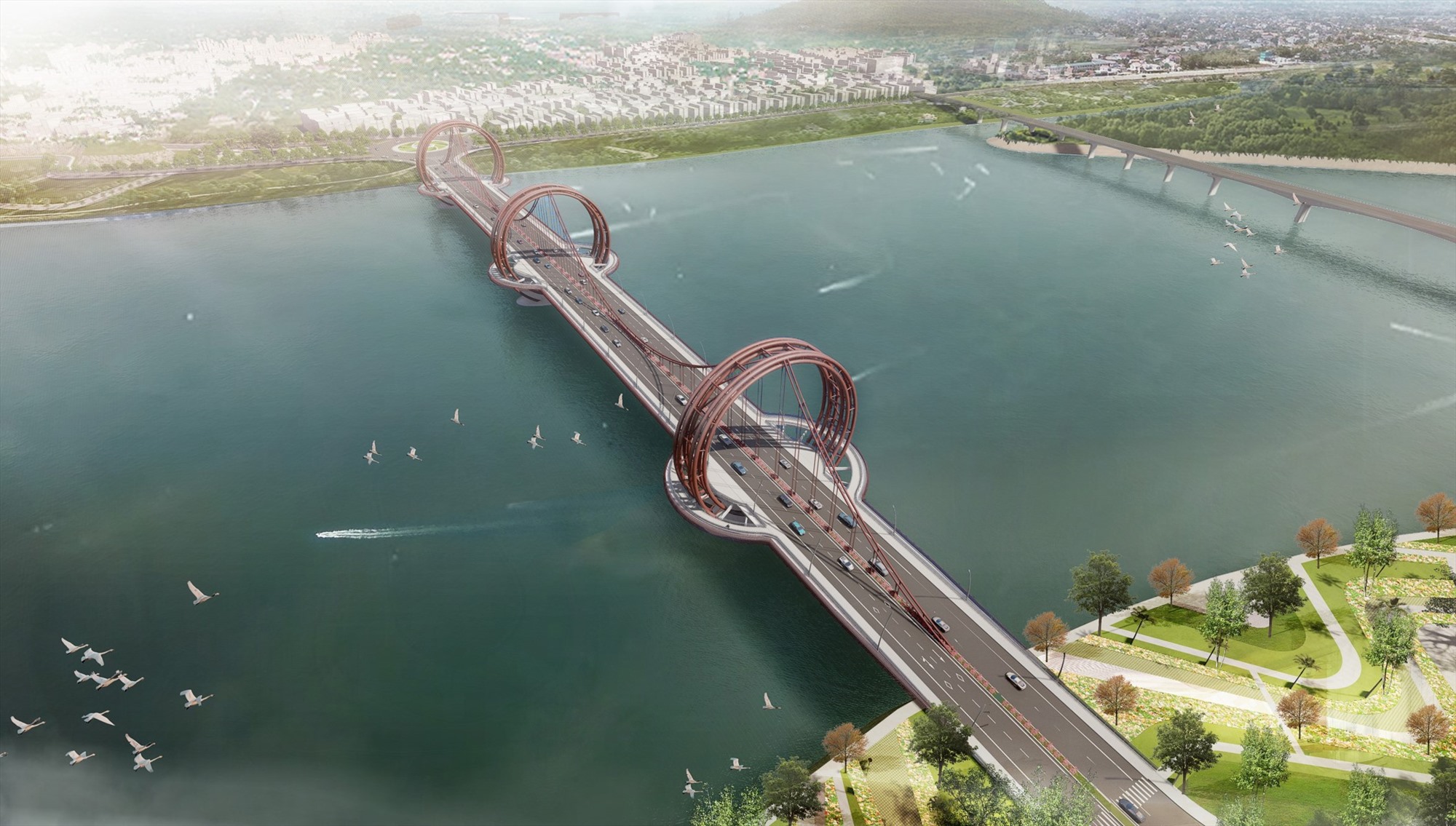 Cầu Trà Khúc 1 thiết kế theo phương án kiến trúc “Dấu ấn sông Trà“. Ảnh: Ban Quản lý dự án Đầu tư xây dựng các công trình giao thông tỉnh Quảng Ngãi