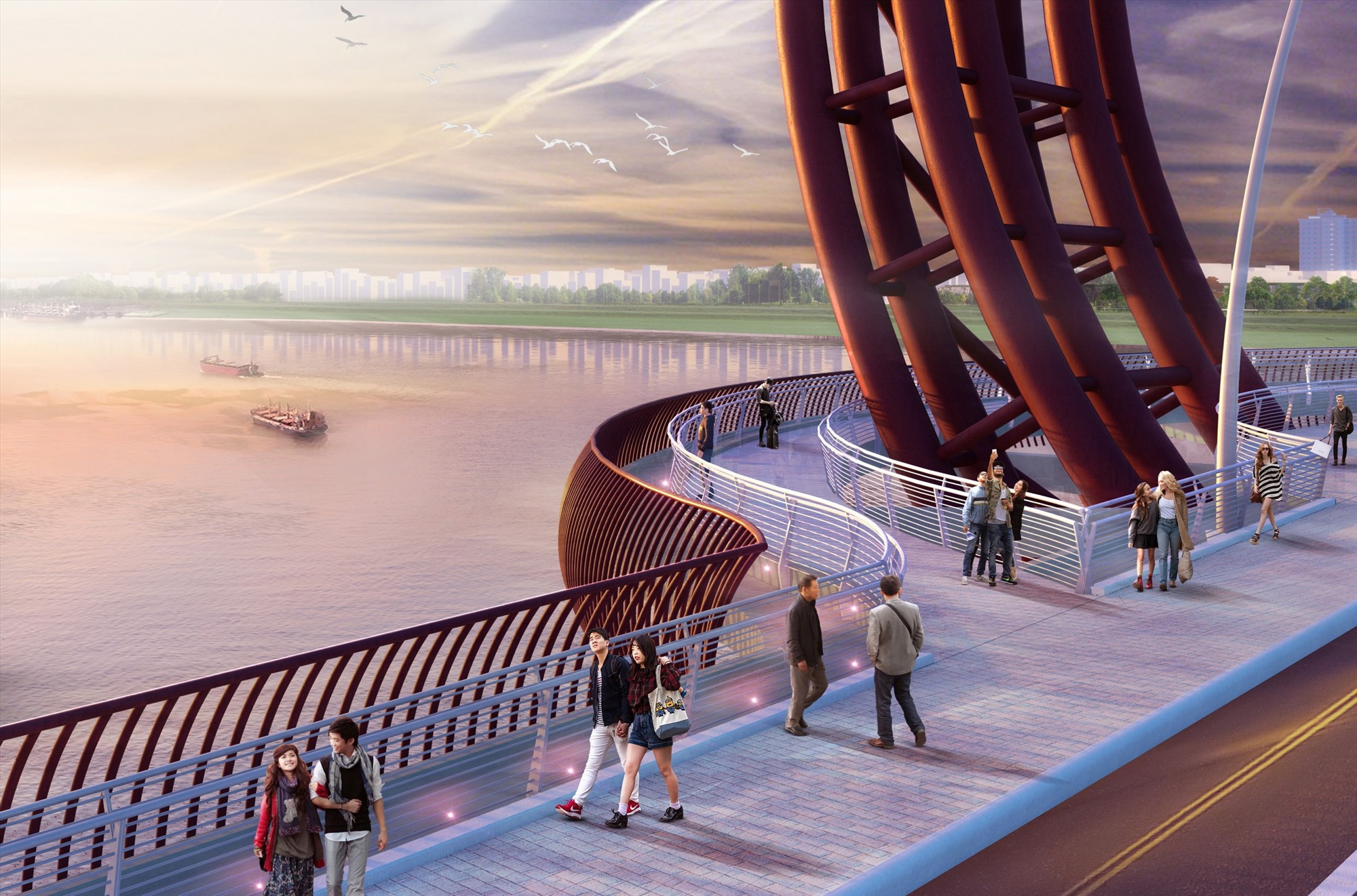 Phối cảnh hoàng hôn - đường dạo ngắm cảnh trên cầu Trà Khúc 1 là phương án kiến trúc đạt giải Nhất. Ảnh: Ban Quản lý dự án Đầu tư xây dựng các công trình giao thông tỉnh Quảng Ngãi