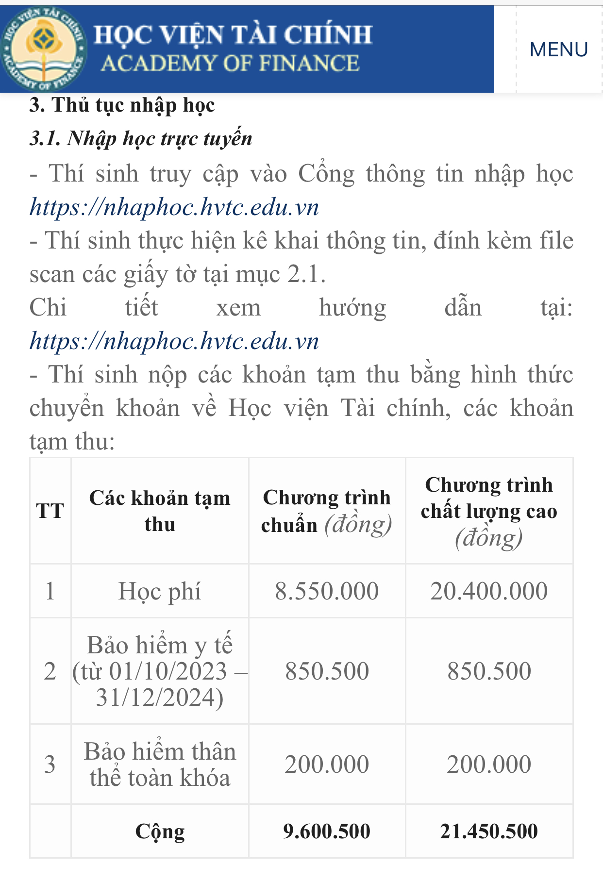 Học viện Tài chính thông báo mức học phí năm học 2023. Ảnh: Nhà trường 