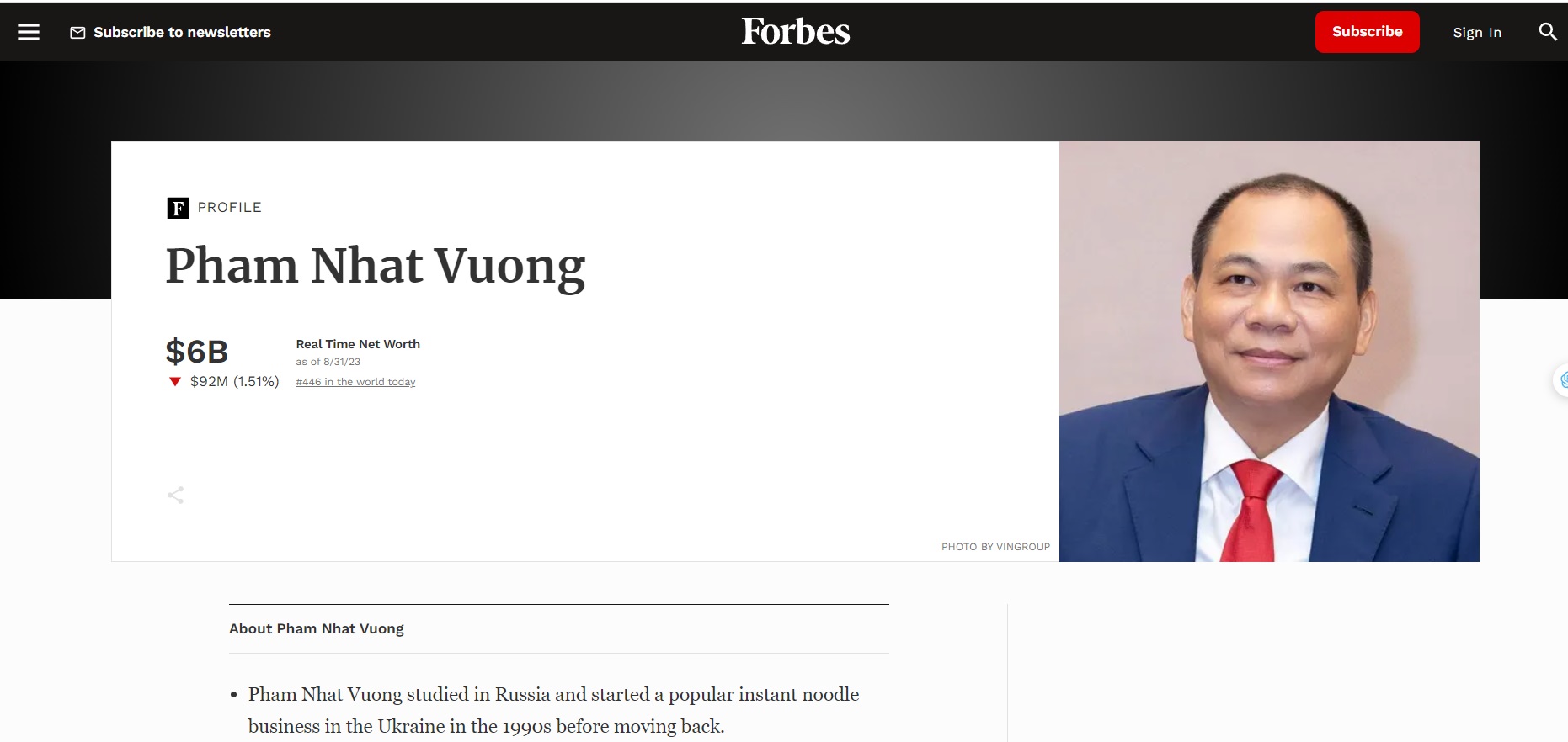 Tài sản của ông chủ VinFast, tỉ phú Phạm Nhật Vượng, theo thống kê của Forbes hôm nay (ảnh chụp màn hình)