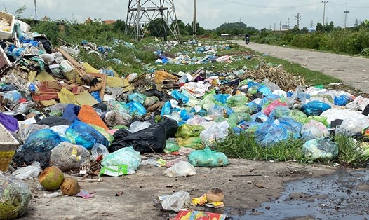 Bãi rác nằm ngay bên đường, gần khu dân cư gây ô nhiễm môi trường ở xã Tam Hưng. Ảnh: Băng Tâm