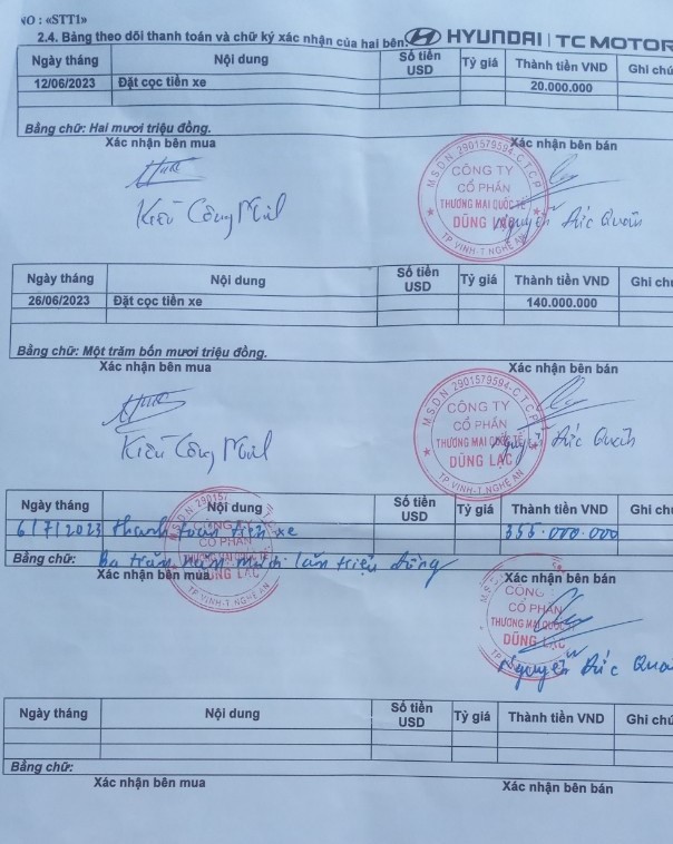 Bảng theo dõi thanh toán tiền mua xe của khách hàng Kiều Công Minh và chữ kí xác nhận của 2 bên. Ảnh: Quỳnh Trang