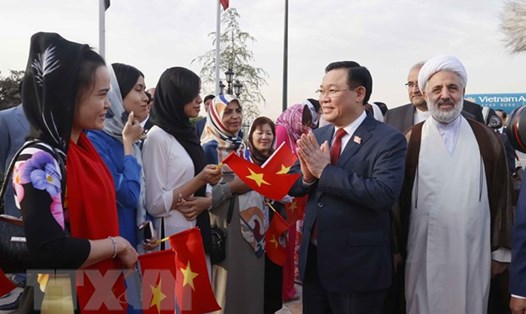 Đại diện cộng đồng người Việt đón Chủ tịch Quốc hội Vương Đình Huệ tại sân bay Mehrabad, thủ đô Tehran, ngày 8.8.2023. Ảnh: TTXVN