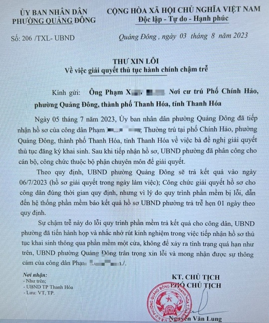 Thư xin lỗi người dân của phường Quảng Đông, TP.Thanh Hóa, tỉnh Thanh Hóa. Ảnh: Minh Hoàng