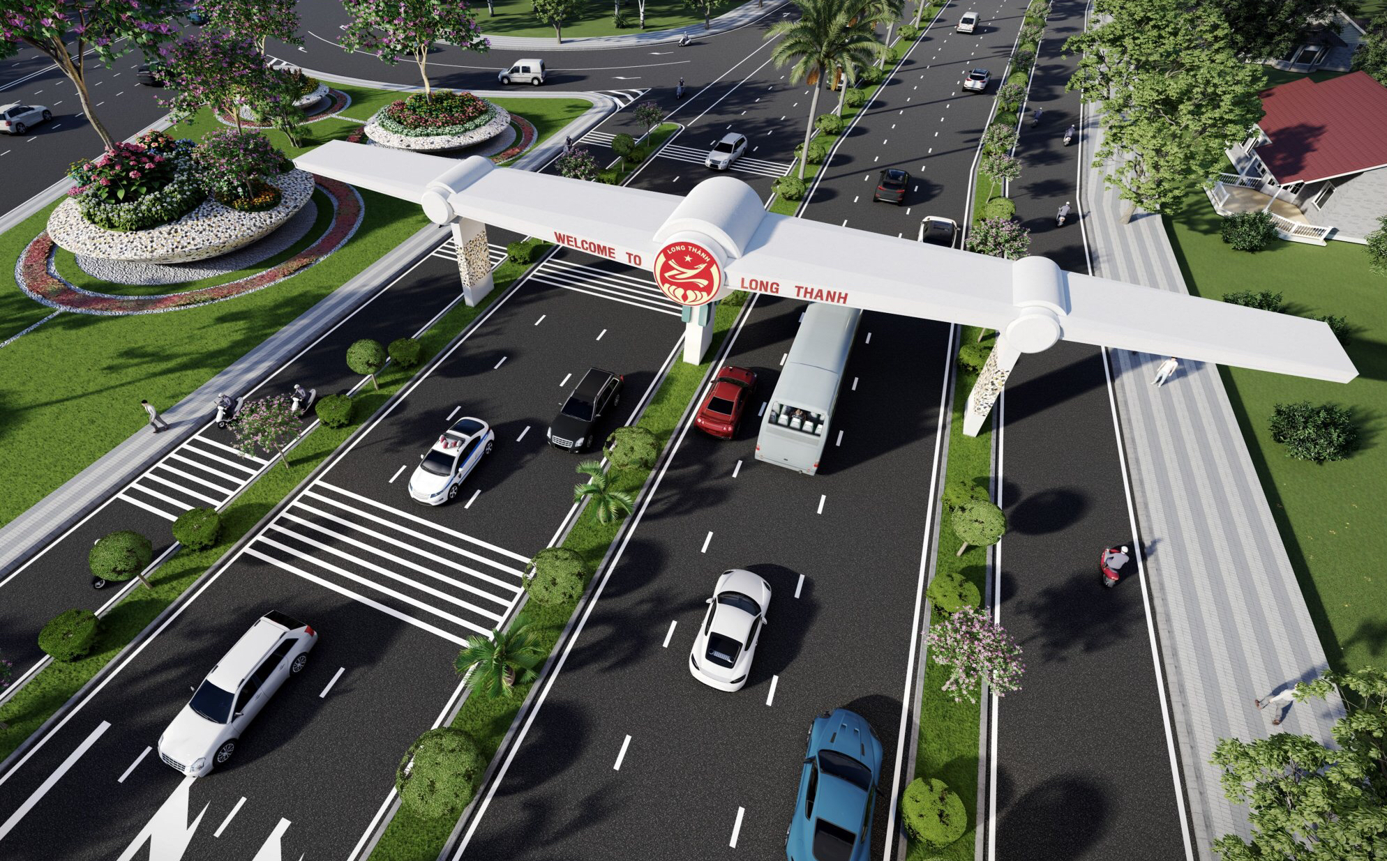 Cổng chào ở khu vực mũi tàu phía Bắc TT.Long Thành được đơn vị tư vấn thiết kế dựa trên mô hình máy bay đang cất cánh, tạo điểm nhấn cho đô thị sân bay Long Thành trong tương lai.