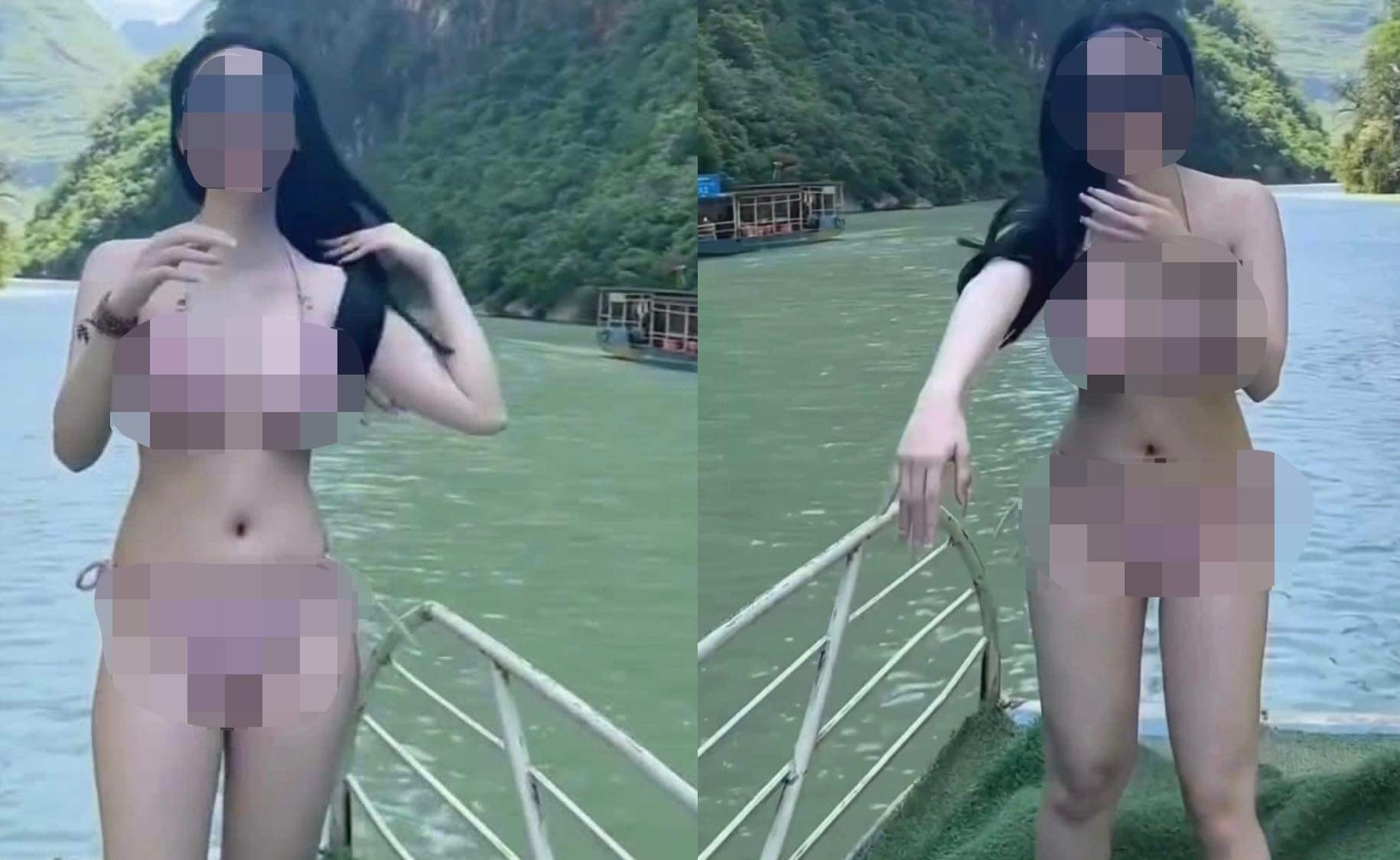 Cô gái mặc bikini khi đi thuyền trên sông Nho Quế, Hà Giang. Ảnh: Chụp màn hình