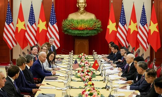 Tổng Bí thư Nguyễn Phú Trọng hội đàm với Tổng thống Mỹ Joe Biden. Ảnh: Hải Nguyễn