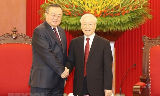 Tổng Bí thư Nguyễn Phú Trọng tiếp Trưởng ban Liên lạc Đối ngoại Trung ương Đảng Cộng sản Trung Quốc Lưu Kiến Siêu, ngày 5.9.2023 tại Hà Nội. Ảnh: TTXVN