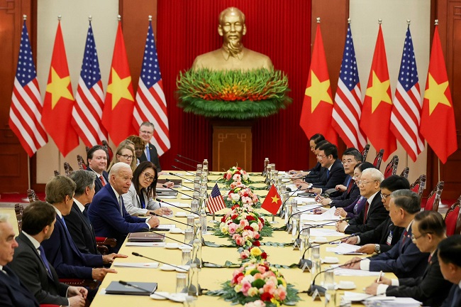 Quang cảnh hội đàm giữa Tổng Bí thư Nguyễn Phú Trọng và Tổng thống Joe Biden. Ảnh: Hải Nguyễn