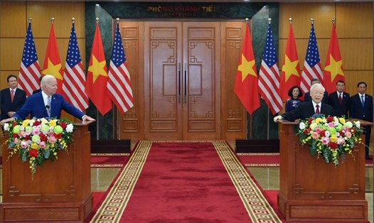 Tổng Bí thư Nguyễn Phú Trọng và Tổng thống Joe Biden đã phát biểu với báo chí Việt Nam, Mỹ và quốc tế sau cuộc hội đàm. Ảnh: Hải Nguyễn