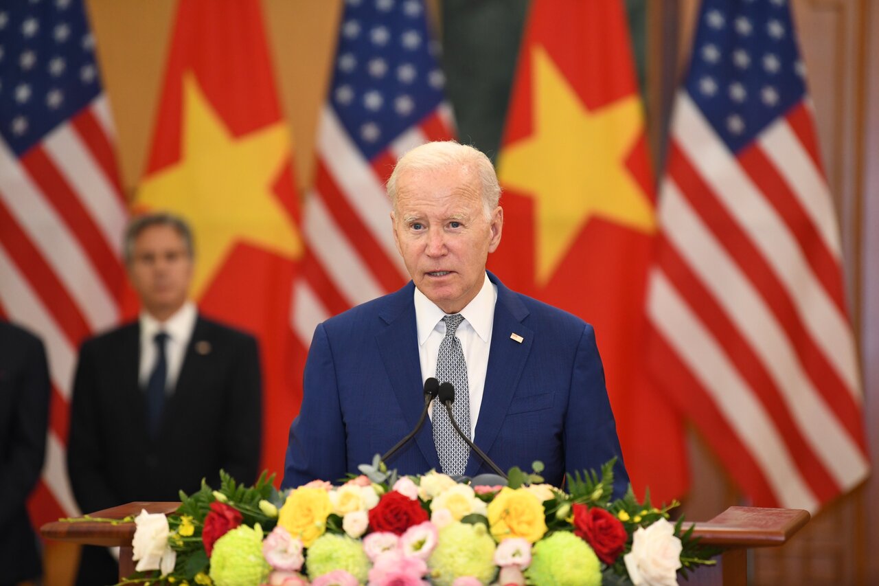 Tổng thống Mỹ Joe Biden phát biểu tại họp báo. Ảnh: Hải Nguyễn