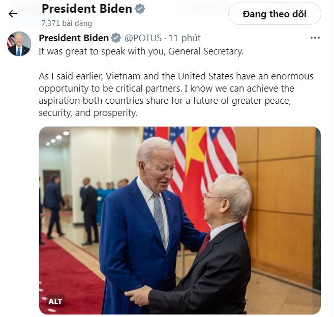 Tổng thống Joe Biden đăng ảnh và chia sẻ về cuộc trao đổi với Tổng Bí thư Nguyễn Phú Trọng. Ảnh chụp màn hình