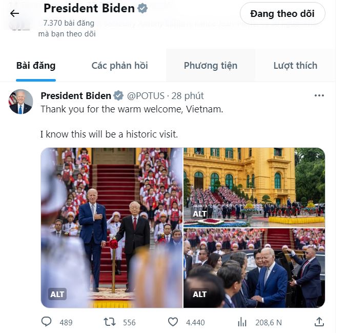 Tổng thống Mỹ Joe Biden đăng bài trên tài khoản X của tổng thống Mỹ để cảm ơn Việt Nam. Ảnh chụp màn hình