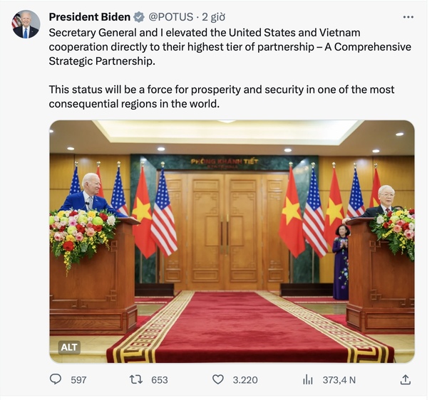 Bài đăng trên tài khoản X của Tổng thống Joe Biden có đăng ảnh ông chụp chung với Tổng Bí thư Nguyễn Phú Trọng trong cuộc gặp gỡ báo giới sau hội đàm. Ảnh chụp màn hình