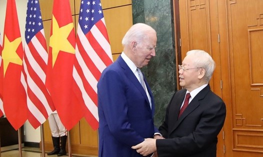 Tổng Bí thư Nguyễn Phú Trọng và Tổng thống Mỹ Joe Biden tại họp báo sau hội đàm. Ảnh: Hải Nguyễn