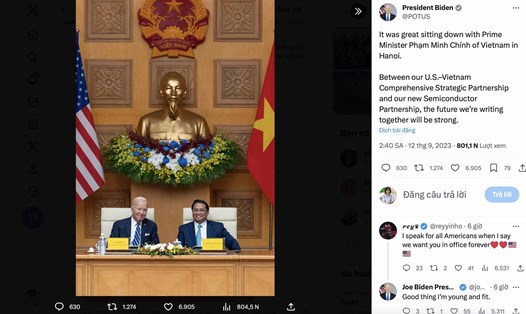 Tổng thống Mỹ Joe Biden đăng ảnh chung với Thủ tướng Chính phủ Phạm Minh Chính trong chia sẻ trên tài khoản mạng xã hội X. Ảnh chụp màn hình