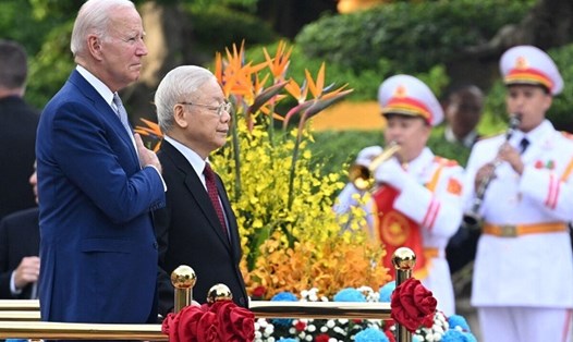 Tổng Bí thư Nguyễn Phú Trọng chủ trì lễ đón Tổng thống Mỹ Joe Biden, chiều 10.9. Ảnh: AFP