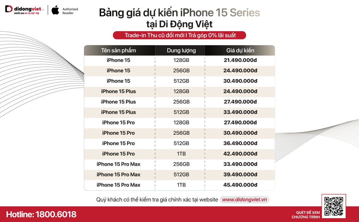 Bảng giá iPhone 15 Series tại Di Động Việt. Ảnh: Chụp màn hình