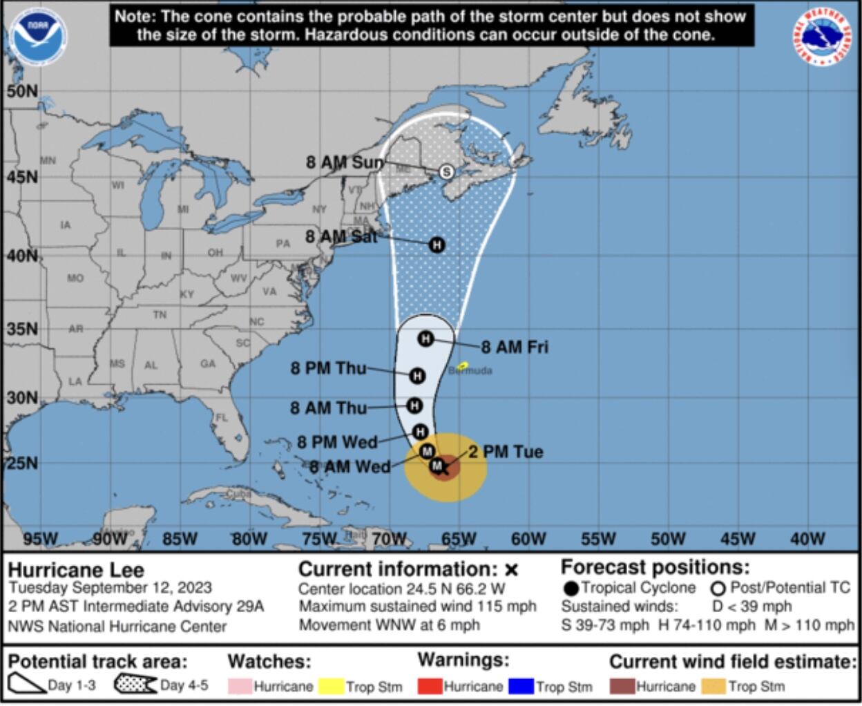 Dự báo bão mới nhất lưu ý, bão Lee chuyển hướng đột đột về phía bắc trong ngày 13.9 và sẽ tăng tốc. Ảnh: Trung tâm Bão Quốc gia Mỹ