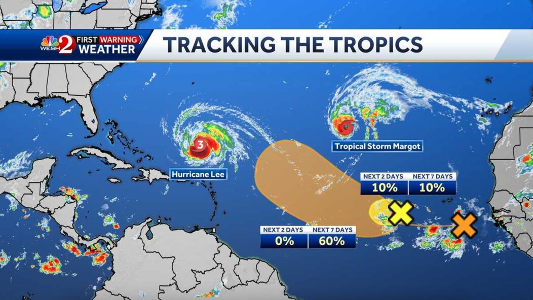 Bốn hệ thống thời tiết đang hoạt động ở Đại Tây Dương gồm bão Lee, bão Margot và hai vùng nhiễu động. Ảnh: NHC