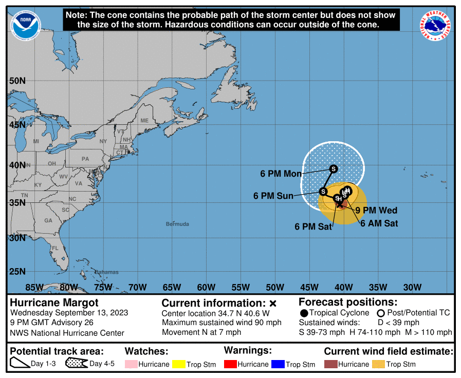Dự báo vùng ảnh hưởng của bão Margot. Ảnh: NOAA