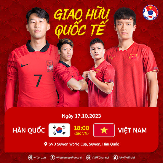 Lịch thi đấu trận giao hữu tuyển Hàn Quốc vs tuyển Việt Nam trong tháng 10.2023. Ảnh: VFF