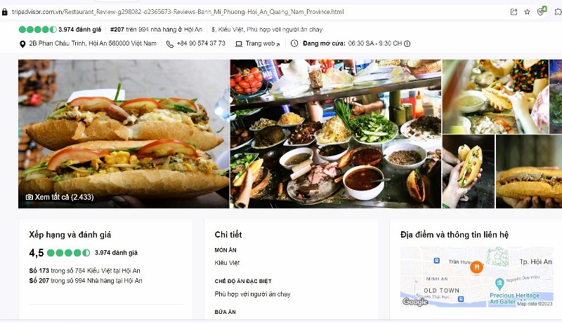 Bánh mì Phượng đạt 4,5/5 điểm với gần 4.000 lượt đánh giá, phản hồi trên trang website Tripadvisor.com, nền tảng du lịch lớn nhất thế giới. Ảnh chụp màn hình.