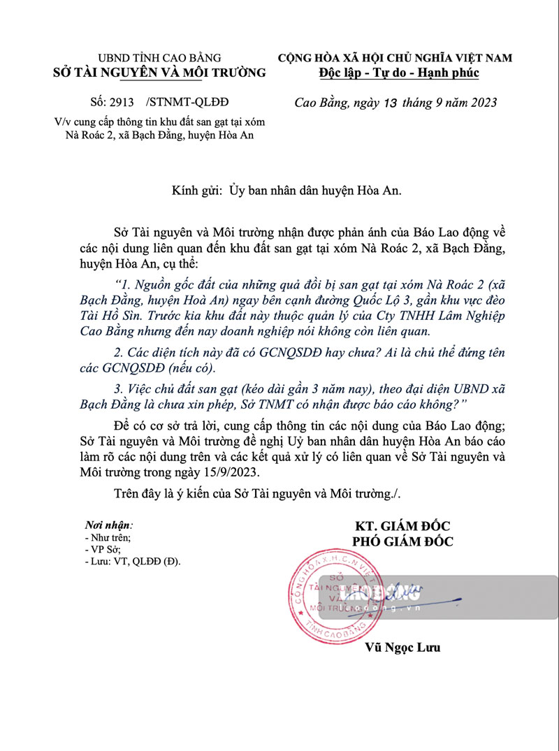 Văn bản Sở TNMT đề nghị UBND huyện Hoà An làm rõ những thông tin liên quan đến các quả đồi bị san gạt. Ảnh: Tân Văn.