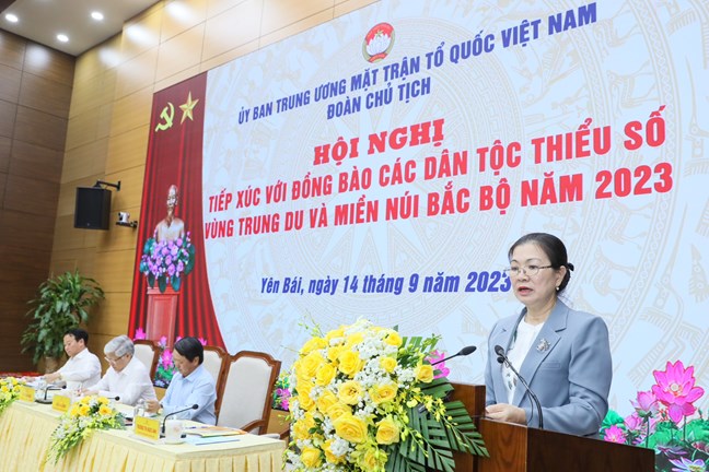 Phó Chủ tịch UBTƯ MTTQ Việt Nam Trương Thị Ngọc Ánh trình bày báo cáo tình hình dân tộc, công tác dân tộc các tỉnh khu vực Trung du và miền núi Bắc Bộ