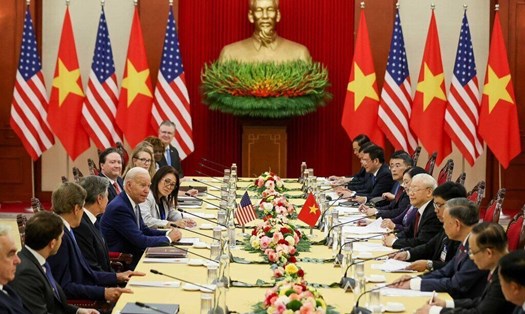 Tổng Bí thư Nguyễn Phú Trọng hội đàm với Tổng thống Mỹ Joe Biden. Ảnh: Hải Nguyễn