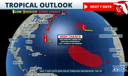 Dự báo đường đi của bão Lee, bão Margot và áp thấp 97L trên Đại Tây Dương đến ngày 20.9.2023. Ảnh: NHC